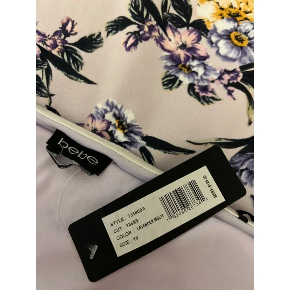 BEBE Dress 10 Lavender Stretch Floral Halter Tie Ruffle Summer Fairy NWT $129